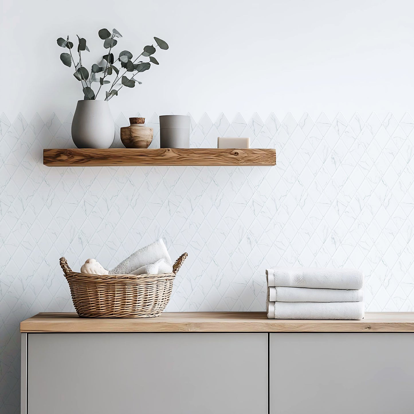 Peel and Stick Backsplash for Kitchen Accent Wall Tile Stickers 12"x12" Diamond Shape Self Adhesive Stick on Backsplash - White Marble
