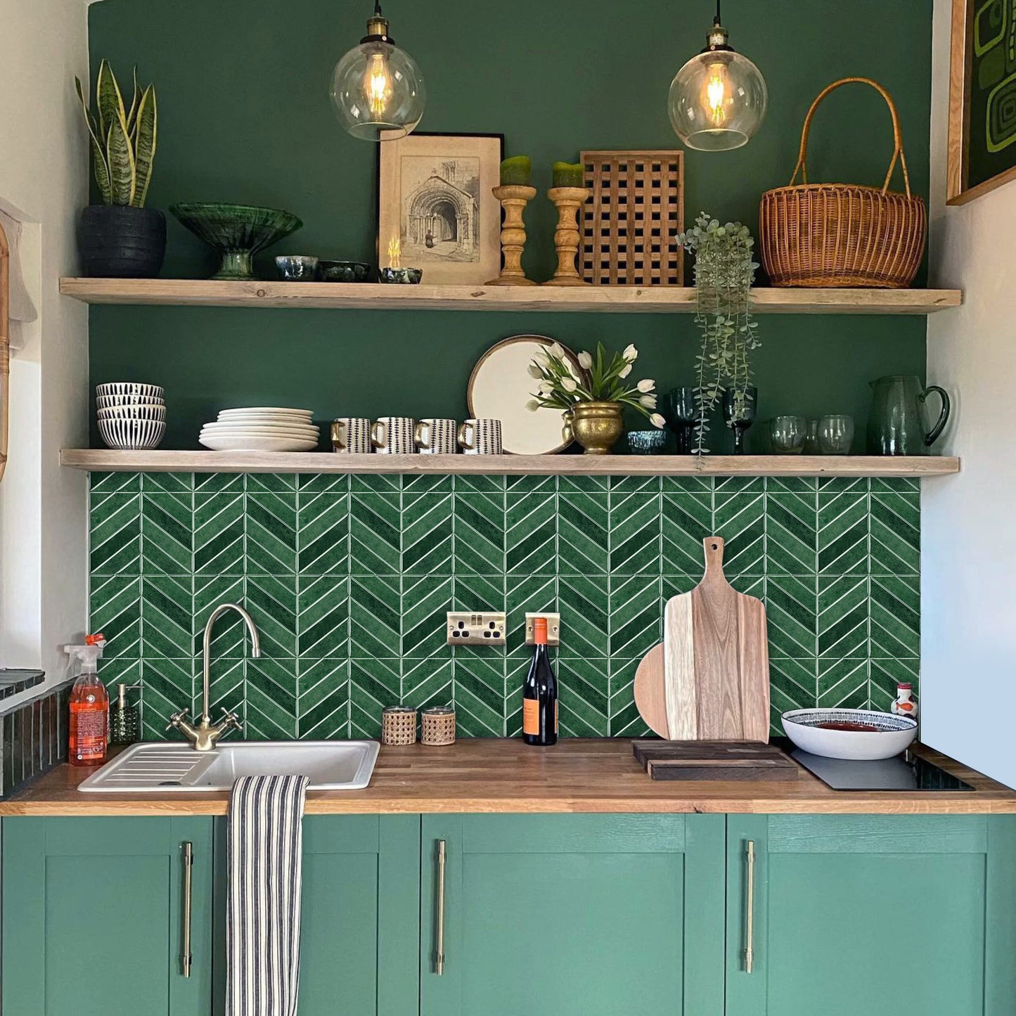 Chevron Peel and Stick Backsplash 11.4"×9" Stick on Backsplash Self Adhesive Wall Tile for Kitchen Bathroom Office - Deep Green