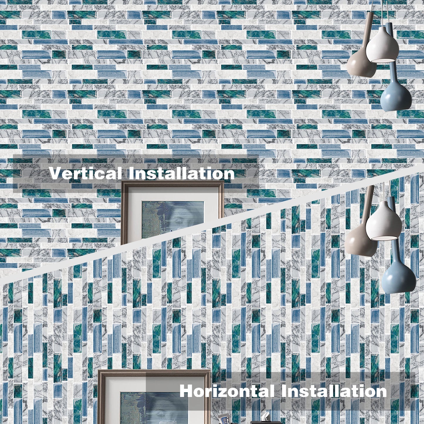 Green Blue Peel and Stick Backsplash for Kitchen 3D Wall Stick on Tiles, Marble Look 12"x12"