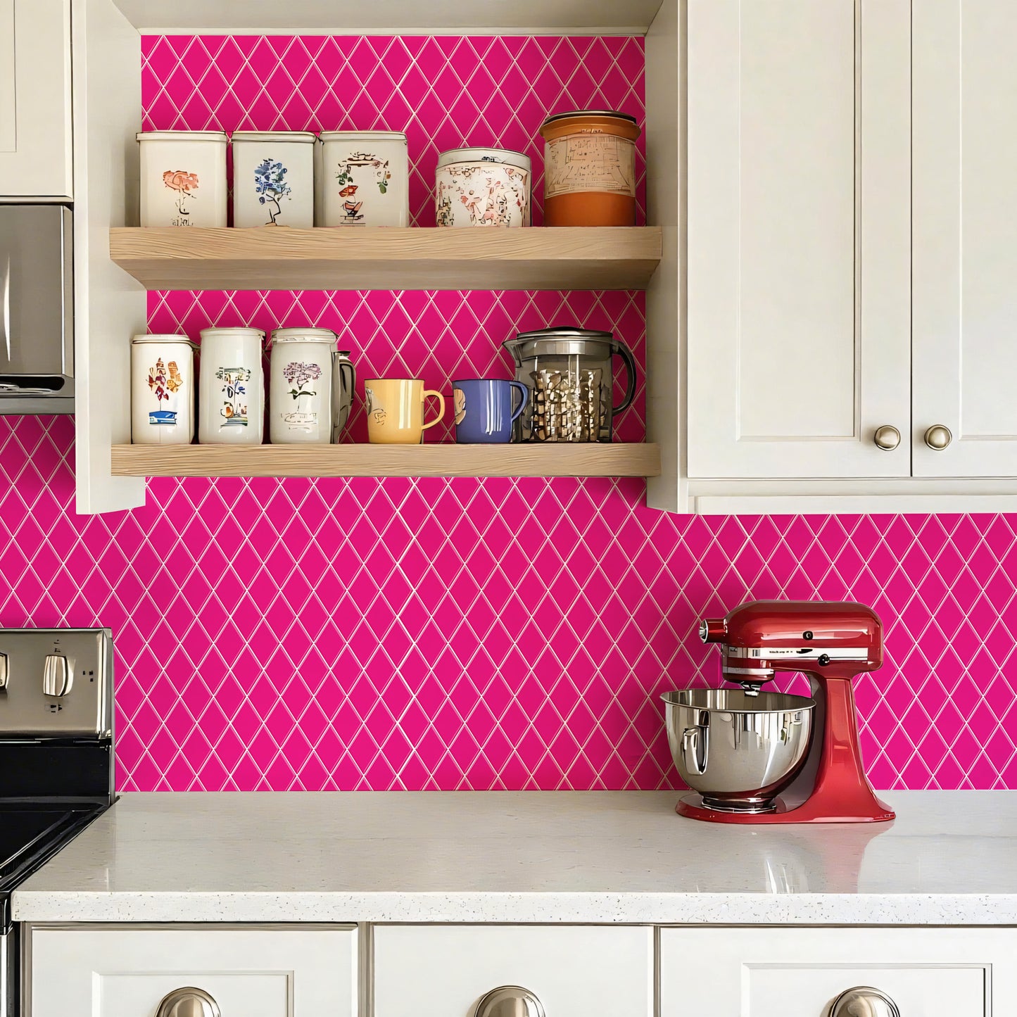 Peel and Stick Backsplash for Kitchen Accent Wall Tile Stickers 12"x12" Hot Pink Diamond Shape Self Adhesive Stick on Backsplash - Fuchsia