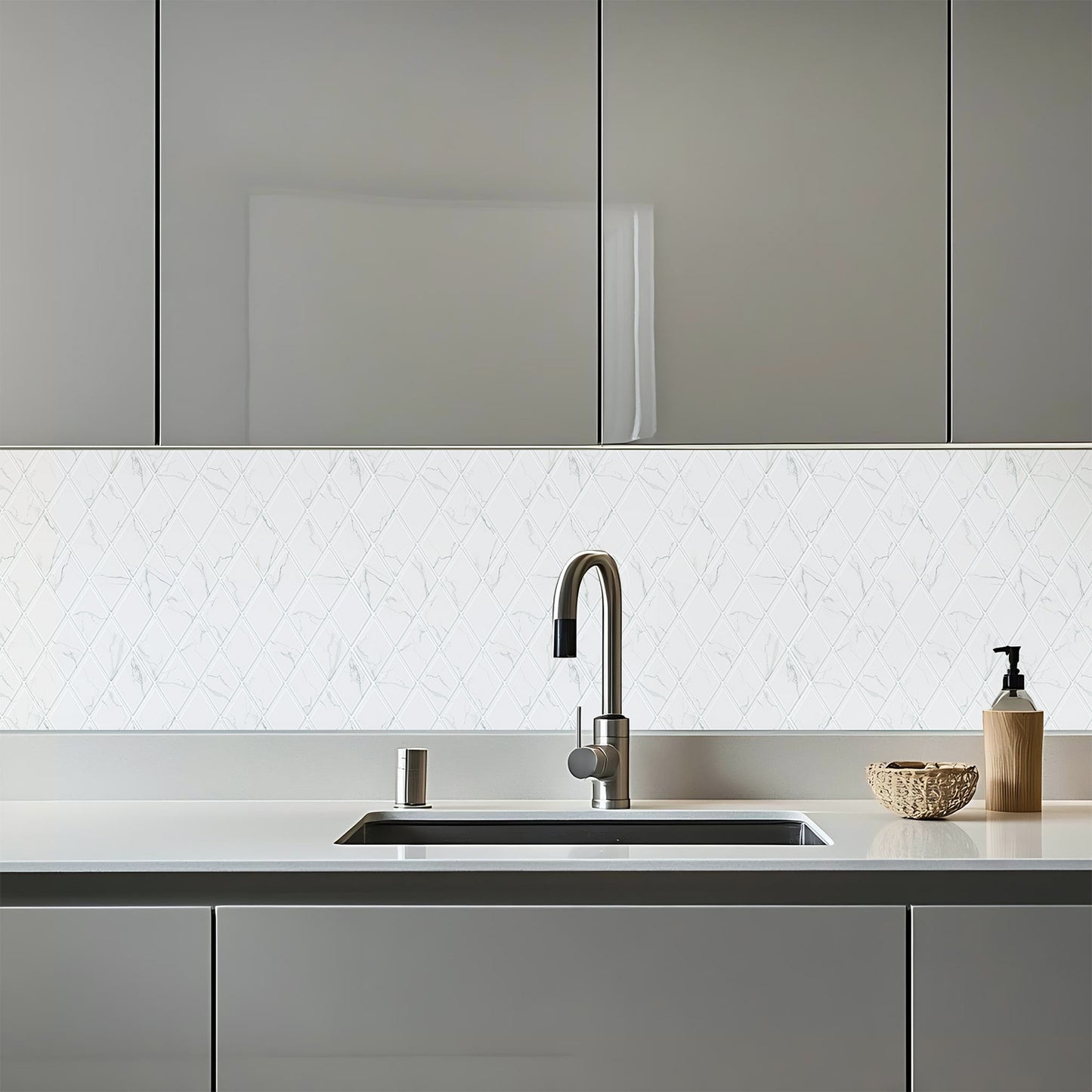 Peel and Stick Backsplash for Kitchen Accent Wall Tile Stickers 12"x12" Diamond Shape Self Adhesive Stick on Backsplash - White Marble