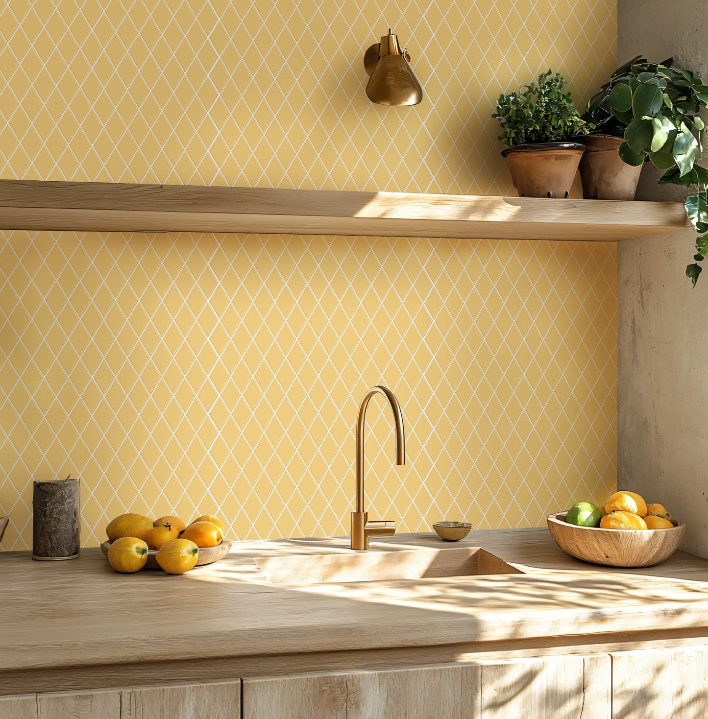 Peel and Stick Backsplash for Kitchen Accent Wall Tile Stickers 12"x12" Diamond Shape Self Adhesive Stick on Backsplash - Tuscan Yellow