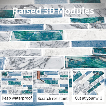 Green Blue Peel and Stick Backsplash for Kitchen 3D Wall Stick on Tiles, Marble Look 12"x12"