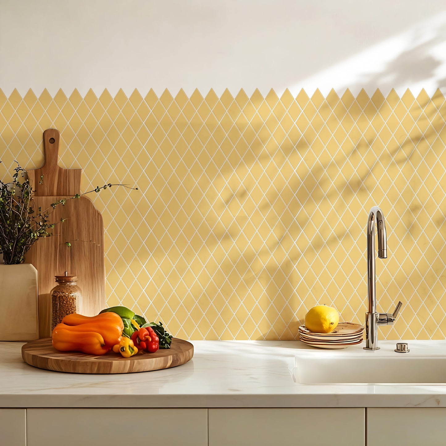 Peel and Stick Backsplash for Kitchen Accent Wall Tile Stickers 12"x12" Diamond Shape Self Adhesive Stick on Backsplash - Tuscan Yellow