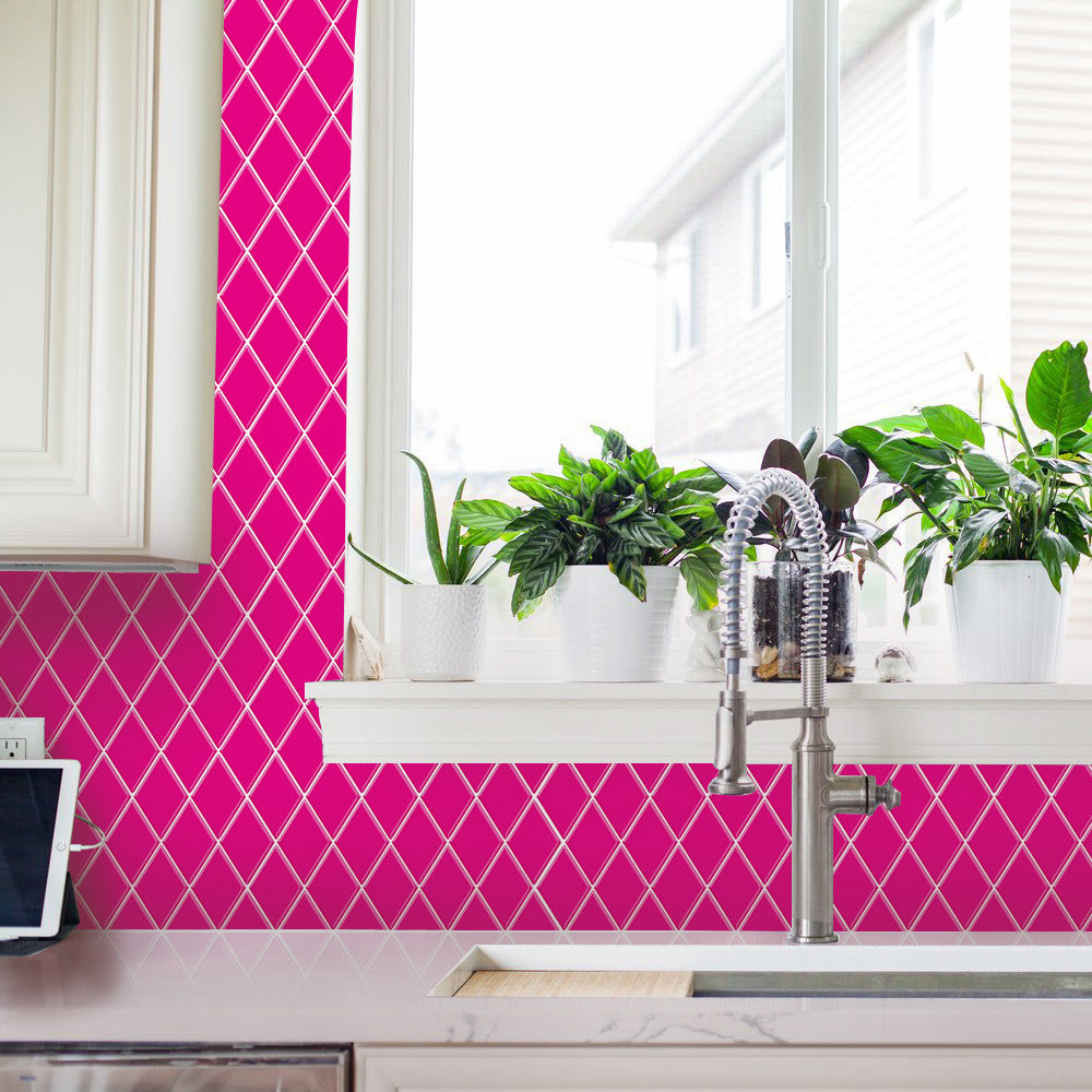 Peel and Stick Backsplash for Kitchen Accent Wall Tile Stickers 12"x12" Hot Pink Diamond Shape Self Adhesive Stick on Backsplash - Fuchsia