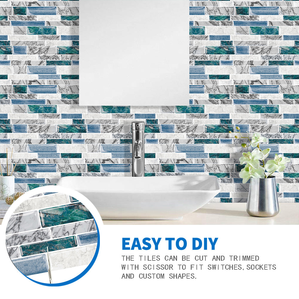 Green Blue Peel and Stick Backsplash for Kitchen 3D Wall Stick on Tiles, Marble Look 12"x12"