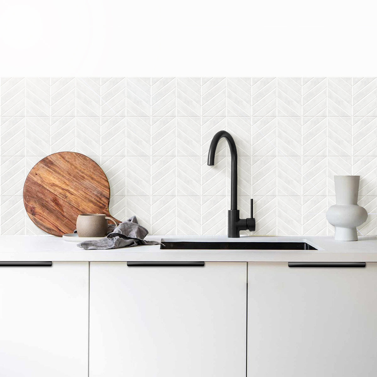 Chevron Peel and Stick Backsplash Tiles 11.4"×9" Stick on Backsplash Self Adhesive Wall Tile for Kitchen Bathroom Office - Plain White