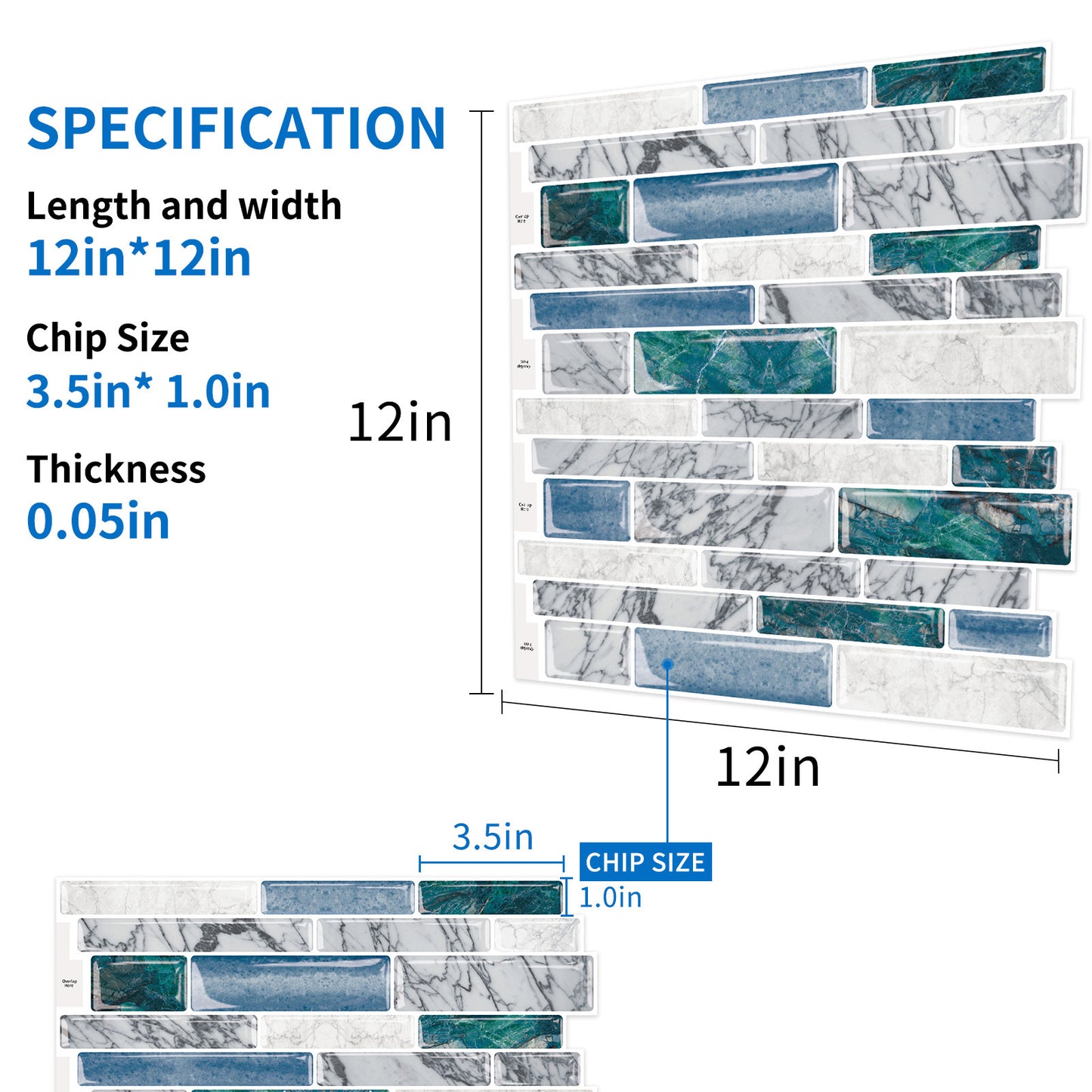 Green Blue Peel and Stick Backsplash for Kitchen 3D Wall Stick on Tiles, Marble Look 12"x12"
