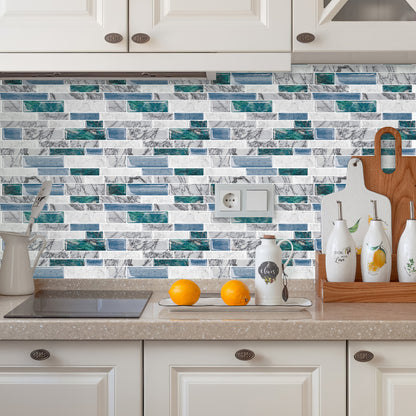 Green Blue Peel and Stick Backsplash for Kitchen 3D Wall Stick on Tiles, Marble Look 12"x12"
