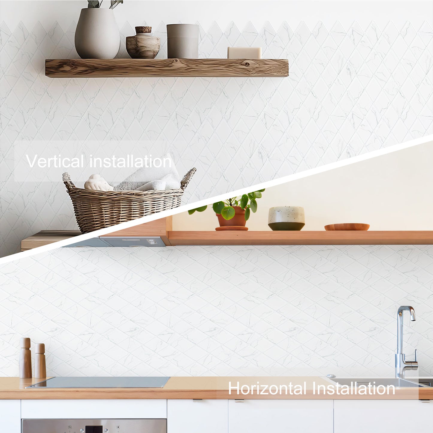 Peel and Stick Backsplash for Kitchen Accent Wall Tile Stickers 12"x12" Diamond Shape Self Adhesive Stick on Backsplash - White Marble