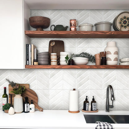 Chevron Peel and Stick Backsplash Tiles 11.4"×9" Stick on Backsplash Self Adhesive Wall Tile for Kitchen Bathroom Office - Plain White
