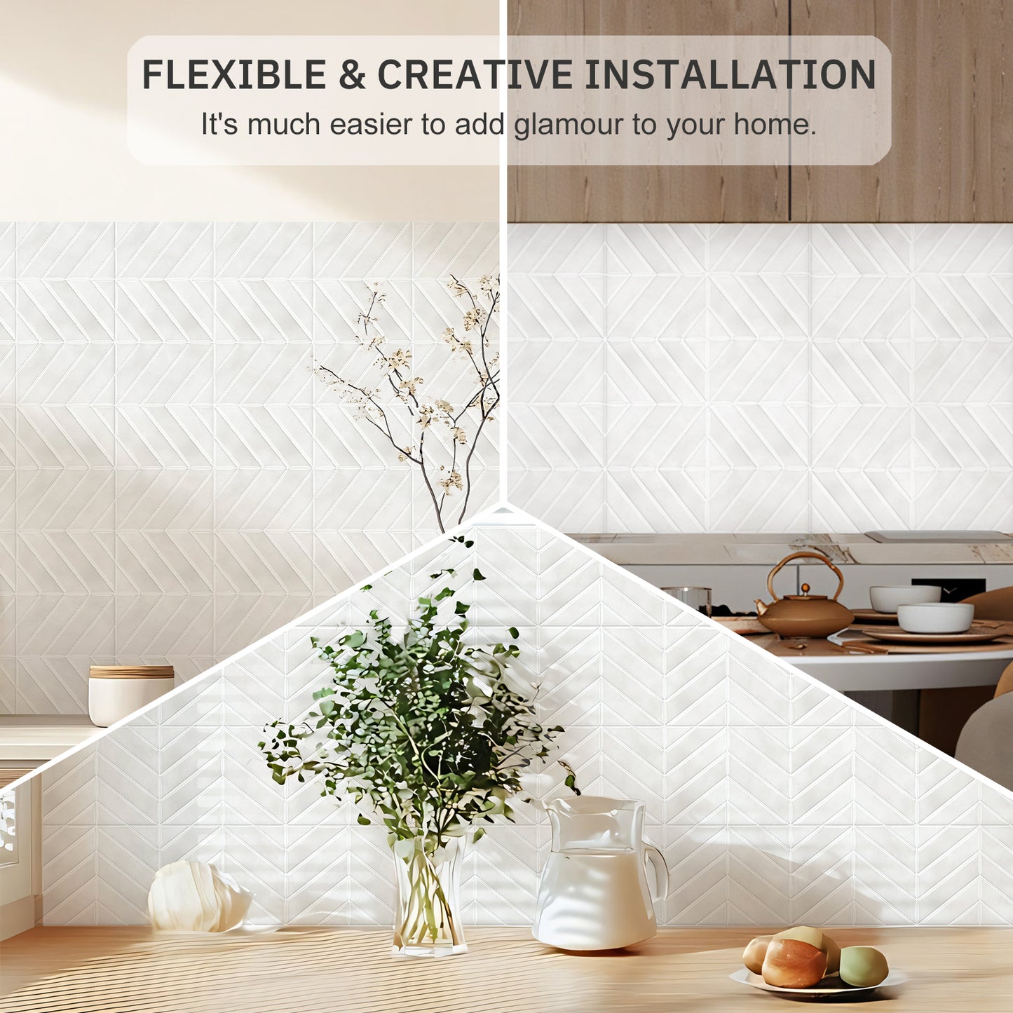 Chevron Peel and Stick Backsplash Tiles 11.4"×9" Stick on Backsplash Self Adhesive Wall Tile for Kitchen Bathroom Office - Plain White