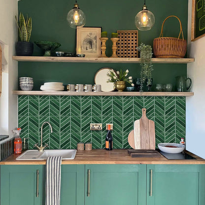 Chevron Peel and Stick Backsplash 11.4"×9" Stick on Backsplash Self Adhesive Wall Tile for Kitchen Bathroom Office - Deep Green