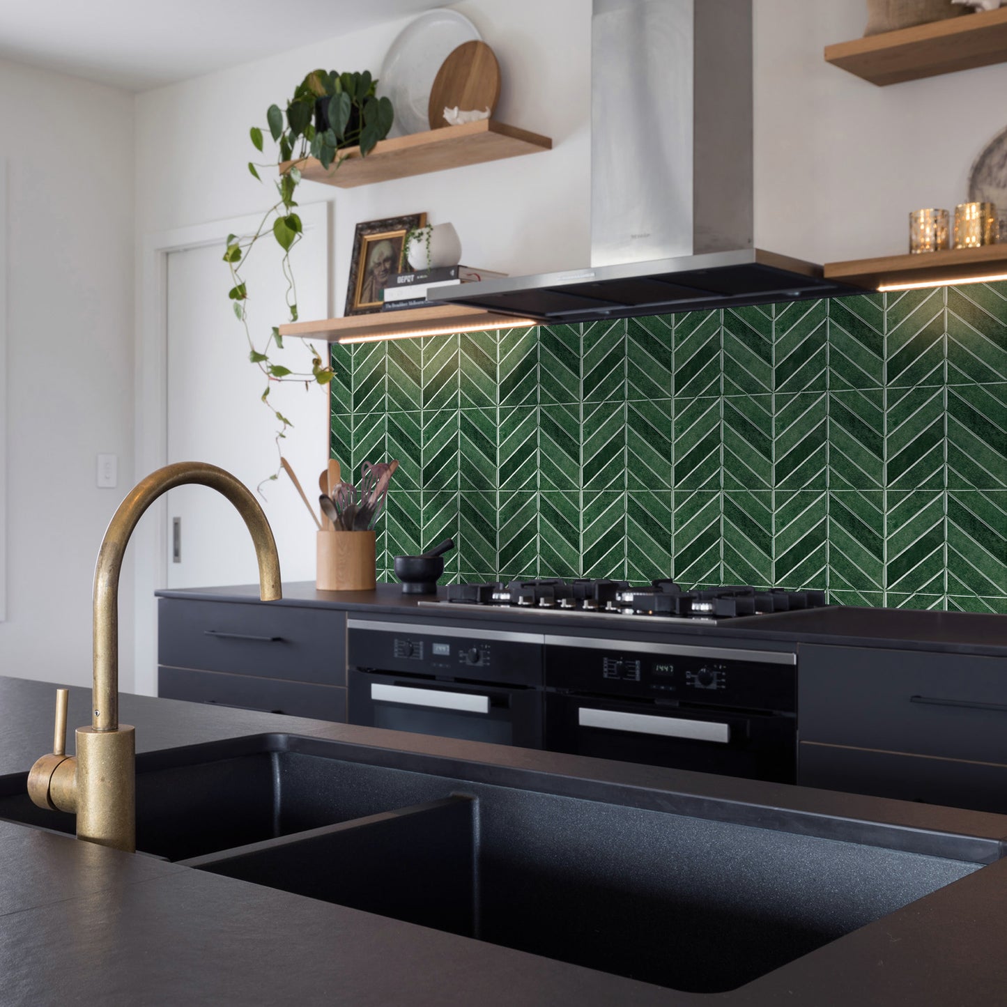 Chevron Peel and Stick Backsplash 11.4"×9" Stick on Backsplash Self Adhesive Wall Tile for Kitchen Bathroom Office - Deep Green