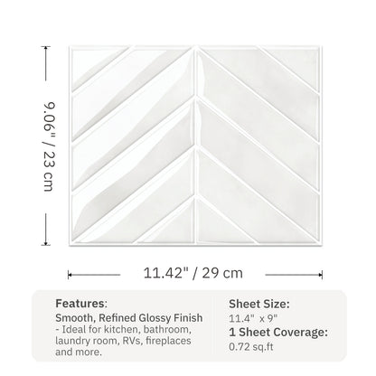 Chevron Peel and Stick Backsplash Tiles 11.4"×9" Stick on Backsplash Self Adhesive Wall Tile for Kitchen Bathroom Office - Plain White