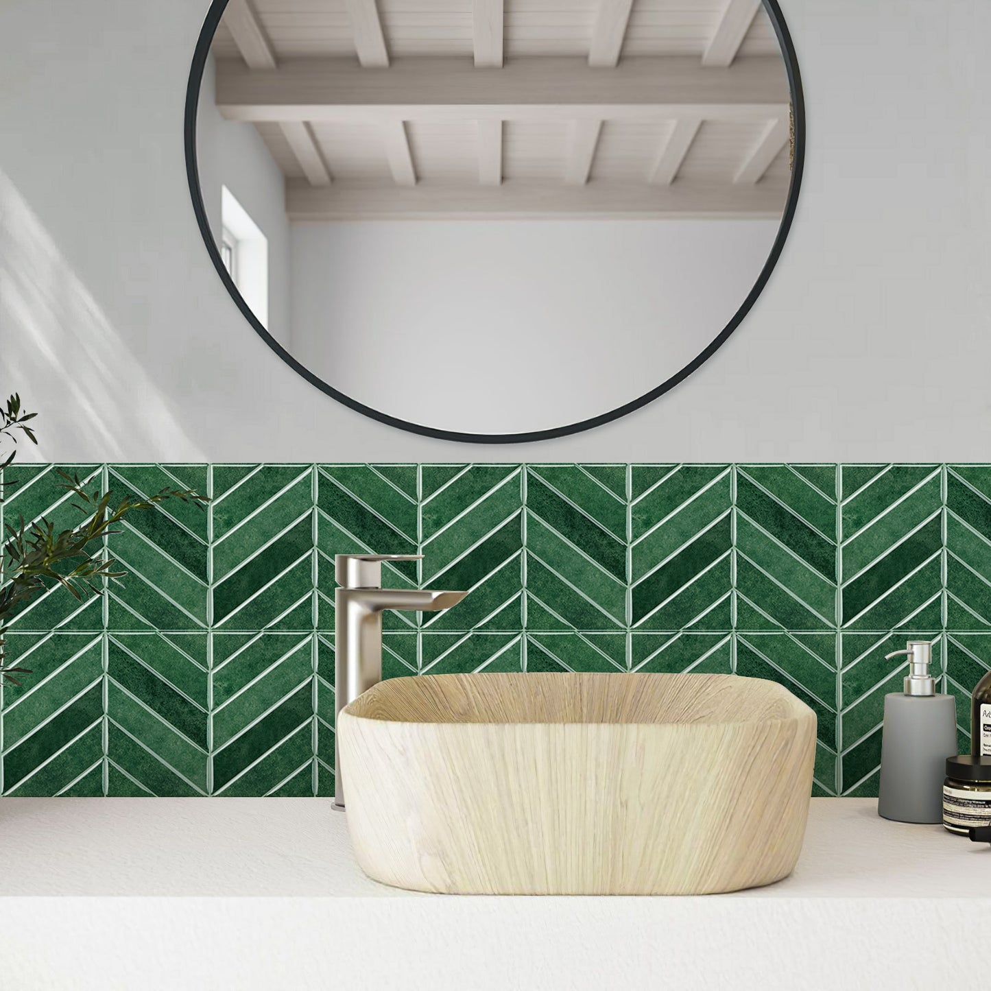 Chevron Peel and Stick Backsplash 11.4"×9" Stick on Backsplash Self Adhesive Wall Tile for Kitchen Bathroom Office - Deep Green
