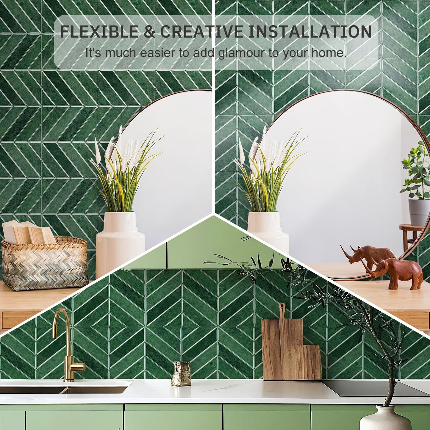 Chevron Peel and Stick Backsplash 11.4"×9" Stick on Backsplash Self Adhesive Wall Tile for Kitchen Bathroom Office - Deep Green