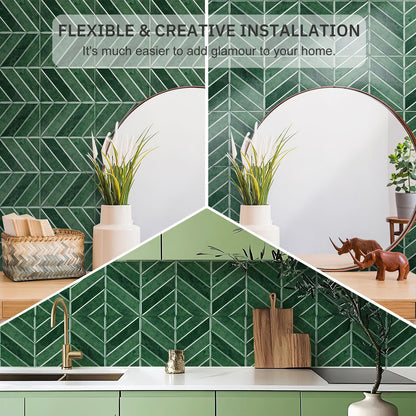 Chevron Peel and Stick Backsplash 11.4"×9" Stick on Backsplash Self Adhesive Wall Tile for Kitchen Bathroom Office - Deep Green