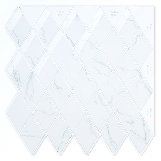 Peel and Stick Backsplash for Kitchen Accent Wall Tile Stickers 12"x12" Diamond Shape Self Adhesive Stick on Backsplash - White Marble