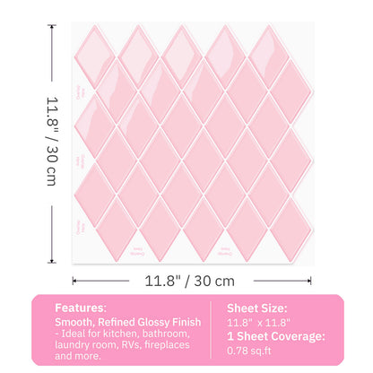 Ist Momoreo Stick on Tiles Peel and Stick Backsplash for Kitchen Walls, Diamond Shape - Pink 12" x 12"(30.5 x 30.5 cm)