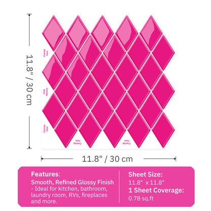 Peel and Stick Backsplash for Kitchen Accent Wall Tile Stickers 12"x12" Hot Pink Diamond Shape Self Adhesive Stick on Backsplash - Fuchsia