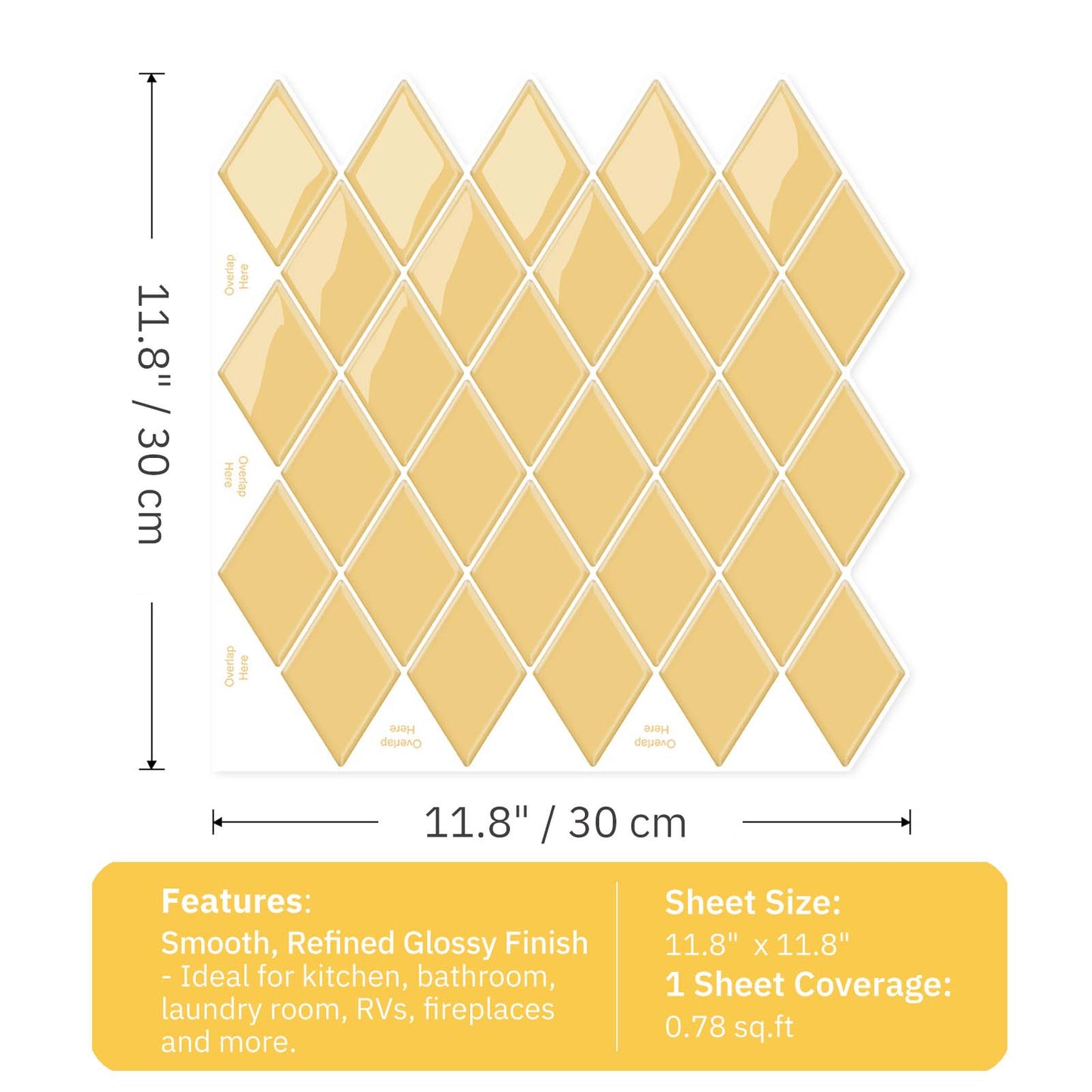 Peel and Stick Backsplash for Kitchen Accent Wall Tile Stickers 12"x12" Diamond Shape Self Adhesive Stick on Backsplash - Tuscan Yellow
