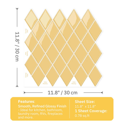 Peel and Stick Backsplash for Kitchen Accent Wall Tile Stickers 12"x12" Diamond Shape Self Adhesive Stick on Backsplash - Tuscan Yellow