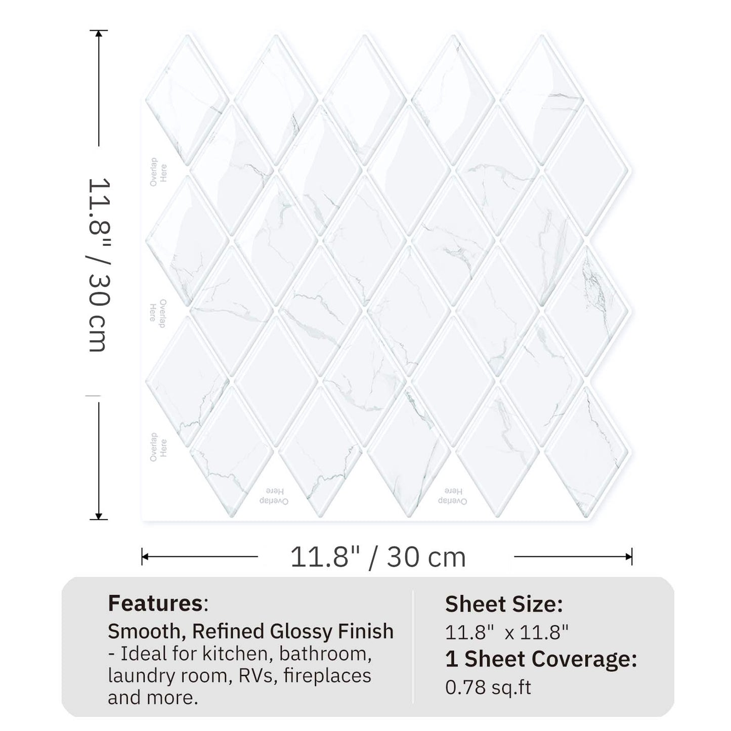 Peel and Stick Backsplash for Kitchen Accent Wall Tile Stickers 12"x12" Diamond Shape Self Adhesive Stick on Backsplash - White Marble