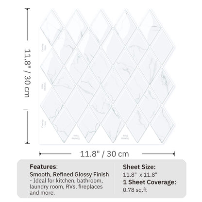 Peel and Stick Backsplash for Kitchen Accent Wall Tile Stickers 12"x12" Diamond Shape Self Adhesive Stick on Backsplash - White Marble